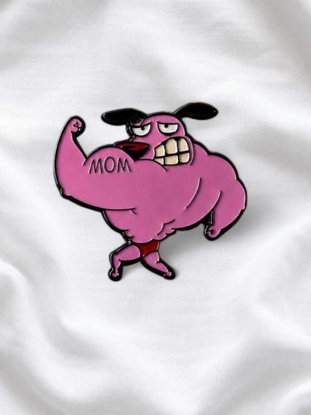 Pink Muscular Cartoon Dog Enamel Pin - 'MOM' courage the cowardly dog
